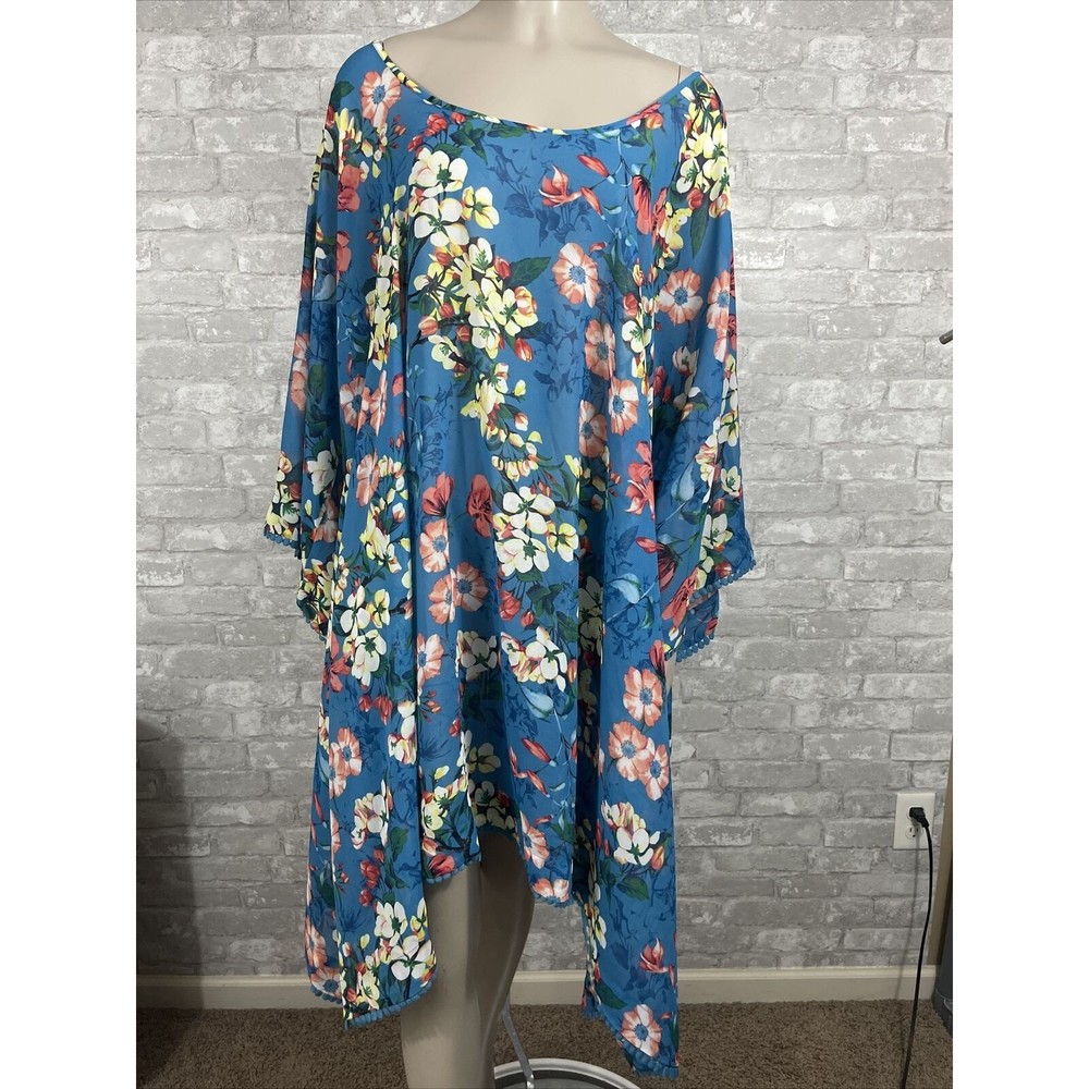 Lands End 1X Blue Floral Kimono Sheer Swim Cover Short Sleeve